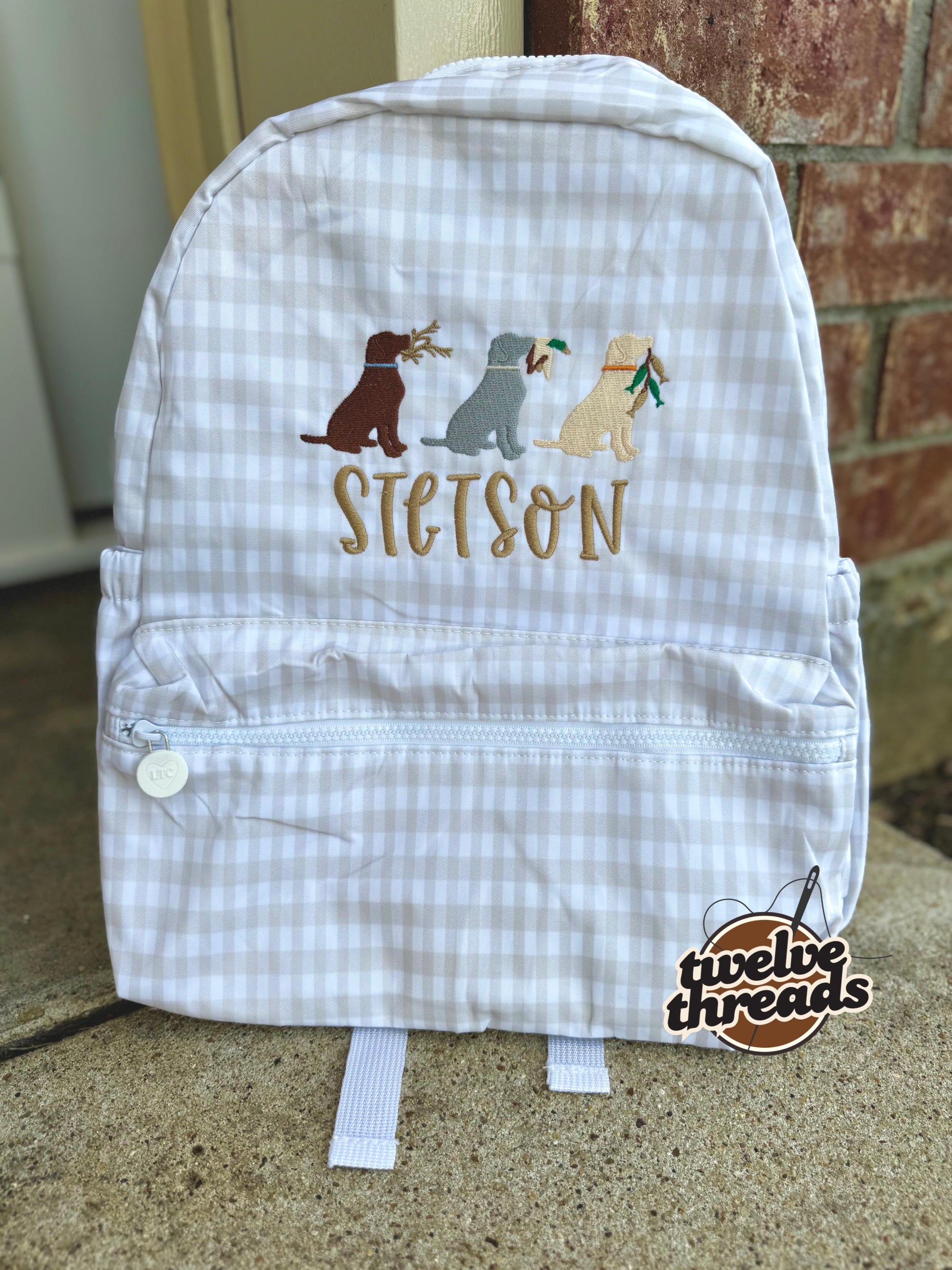 Embroidered Seersucker backpack - hunting ducks gingham - kids backpack - diaper bag - dog hunt backpack - embroidered backpack - embroidery