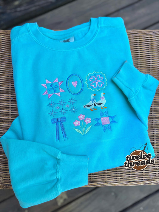 Thrifting inspired embroidered crewneck, goose and mallard duck trending design, comfort colors, embroidery, trendy cute gift embroidered